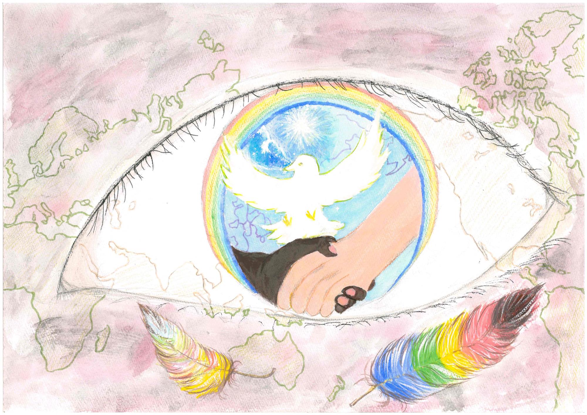 絵画部門11歳~15歳の部最優秀賞 「見えるセカイは」 古川東中学校2年 佐藤百加