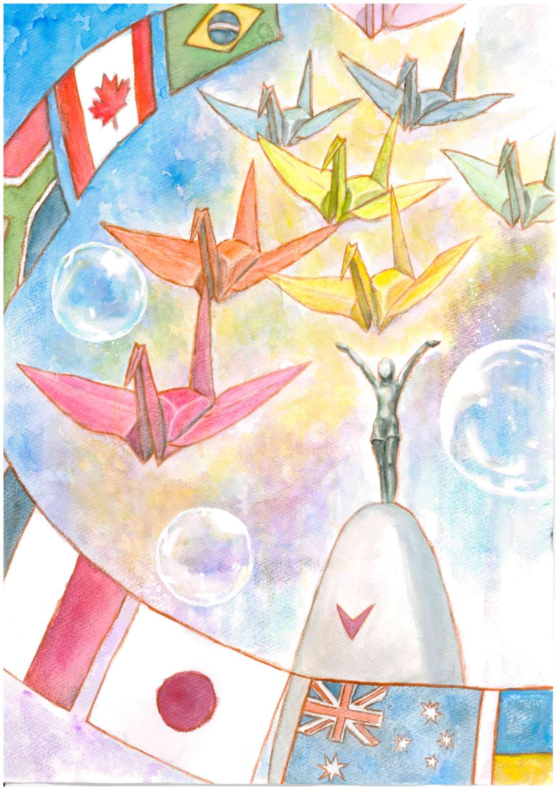 絵画部門11歳~15歳の部優秀賞 「折り立つ平和」 古川東中学校2年 竹内咲希