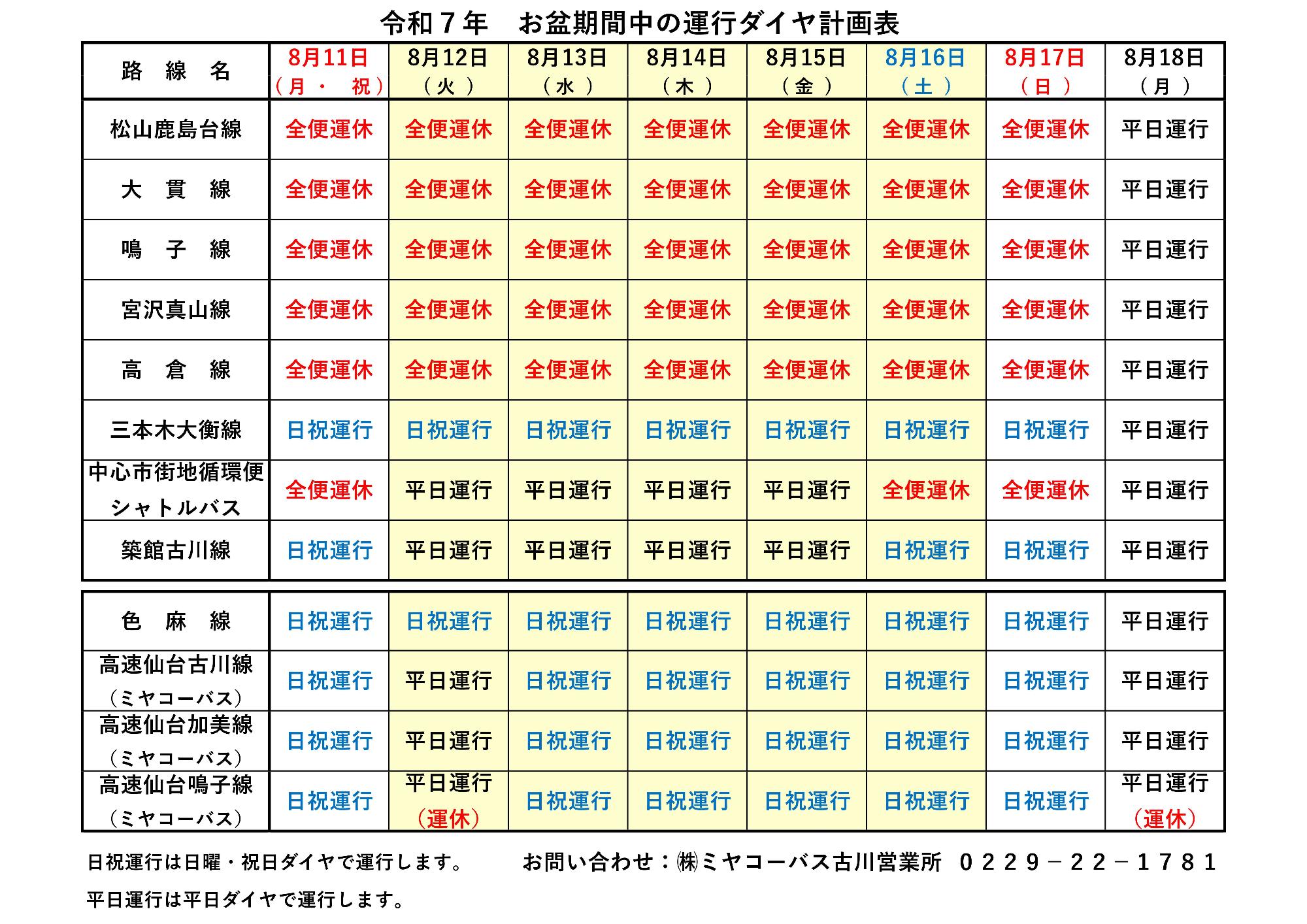 令和7年お盆期間中の運行計画表