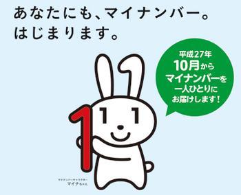社会保障・税番号(マイナンバー)制度の開始ポスター あなたにも、マイナンバー。はじまります。平成27年10月からマイナンバーを一人ひとりにお届けします。と書かれた文字と赤色の1の数字を持っているマイナンバーキャラクターマイナちゃんのイラスト