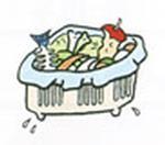 三角コーナーに入っている魚の骨やリンゴの芯、野菜くずなどの生ごみのイラスト
