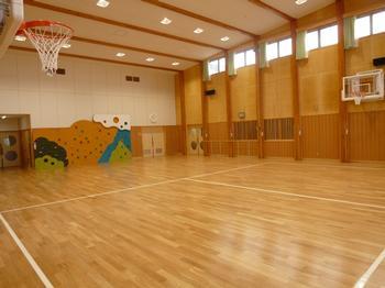 手前にバスケットゴールがあり真新しいわいわいキッズ大崎の遊戯室「キッズパル」内観を写した写真