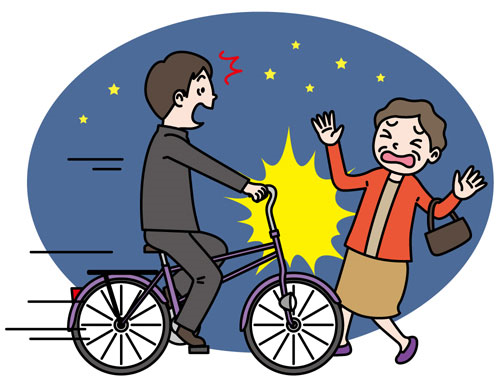 夜道を歩いている女性に自転車に乗った男性が衝突しているイラスト