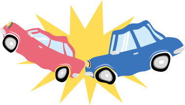 交通事故イラスト（赤い前方の車に青い後方の車が追突しているイラスト）