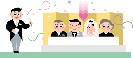 結婚式場の金屏風の前に新郎新婦、仲人さんが座り司会の人がマイクをもっているイラスト