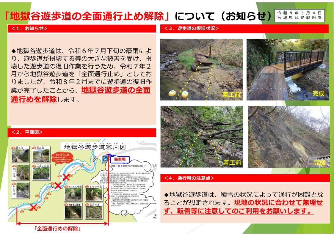 地獄谷遊歩道通行止め解除