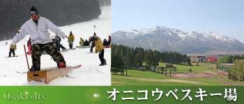 雪の上でスキーを楽しむ方の写真と雪のない緑と山の見えるオニコウベスキー場の写真