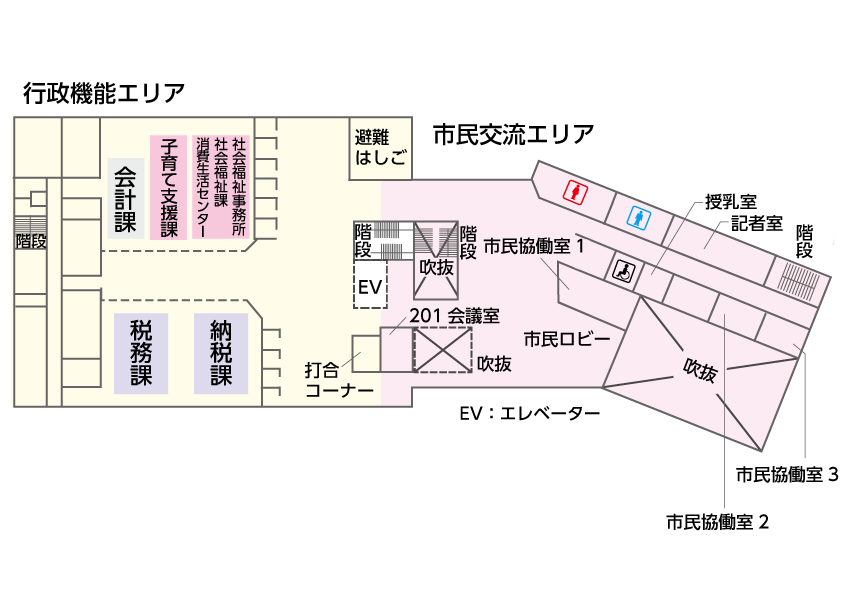 大崎市役所庁舎配置図2階