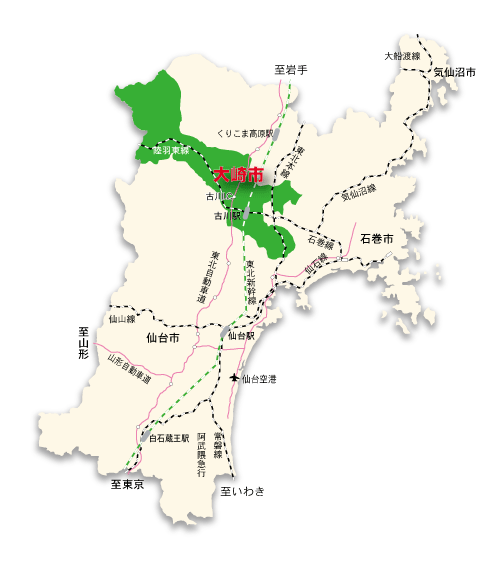 宮城県内の大崎市の位置図