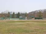 芝生が広がり、バックネットの後ろに木々がある岩出山野球場グラウンドの写真