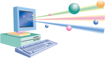 デスクトップのパソコンの画面から黄緑、ピンク、青色の光が出ているイラスト